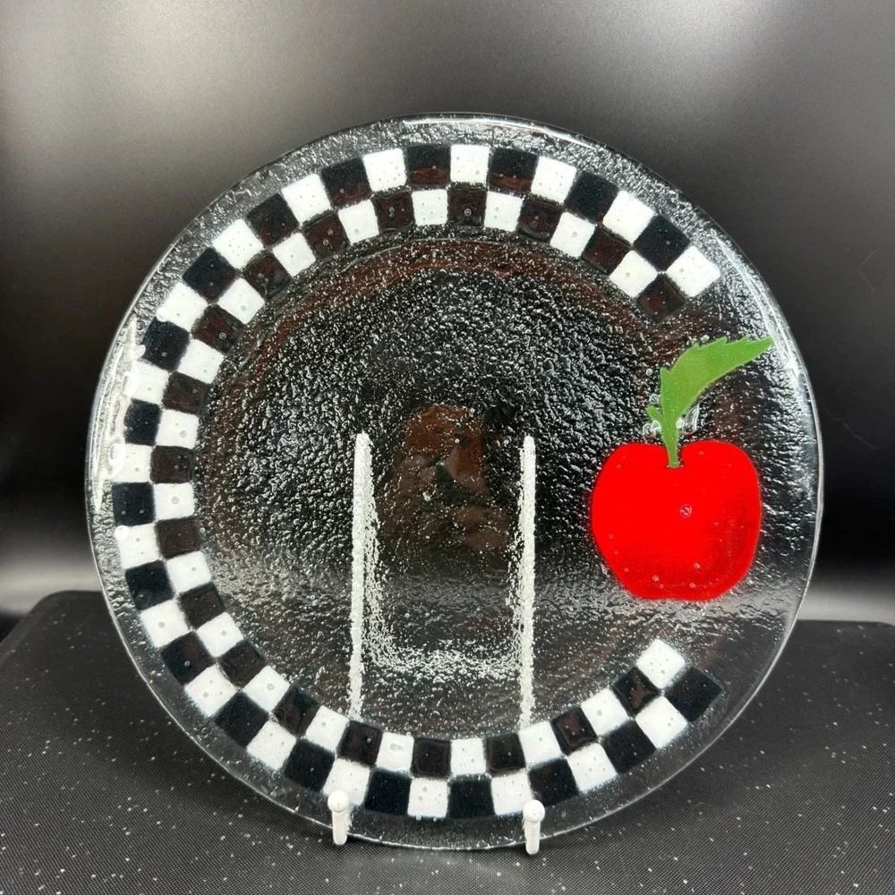 Peggy Karr Fused Glass Platter Black‎ White Checkerboard Apple Serving Tray 11